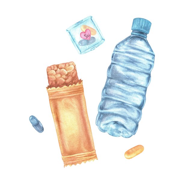 蛋白质麦片棒和一瓶水。健康零食和补品的水彩插图。手绘剪贴画在白色孤立的背景。绘制维生素和格兰诺拉麦片图片下载