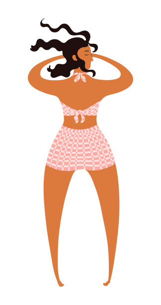 穿着泳装晒太阳的年轻女子可爱的卡通人物插图。图片下载