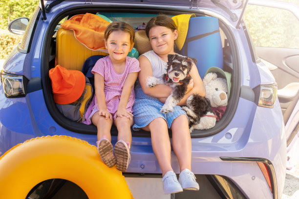 儿童姐妹和雪纳瑞狗在汽车后备箱里的照片图片下载