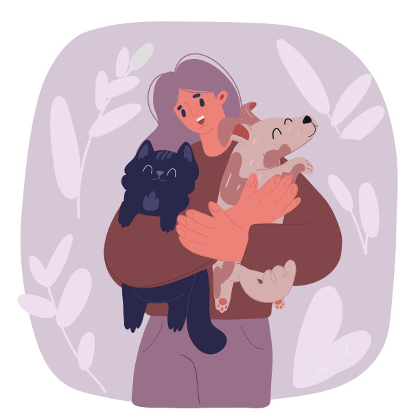 女子与猫狗玩耍矢量插画图片下载