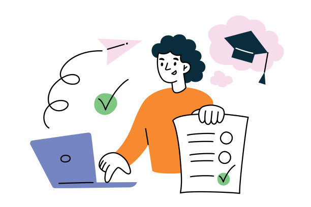 学生通过网络考试，申请大学作文，女生发送大学申请表，网络考试作文，毕业帽涂鸦图标，人物矢量插画图片下载