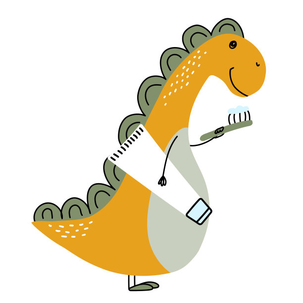 迪诺刷牙。可爱的恐龙带着牙刷和牙膏。以卫生为主题的儿童插画。矢量图图片下载