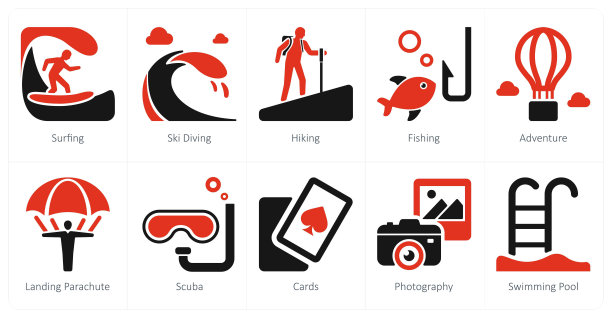 一套10个旅游和度假图标，如冲浪，滑雪潜水，徒步旅行图片下载