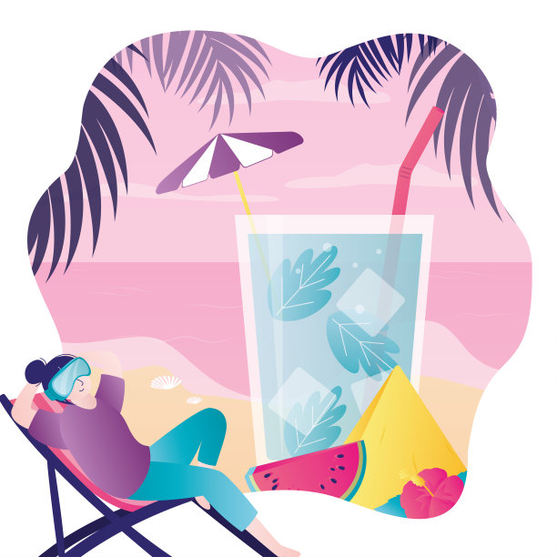 虚拟现实，快乐的女人用VR眼镜在虚拟世界中体验3d，模拟热带天堂。角色使用了新的数字技术。图片下载