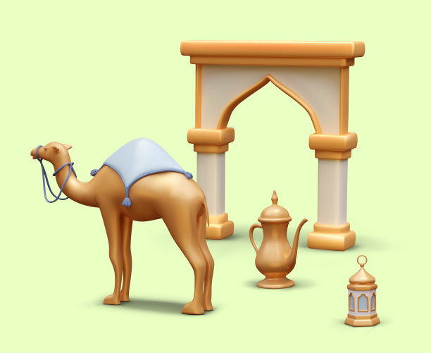构图写实骆驼站在拱门附近，传统饮料的金色水壶图片下载