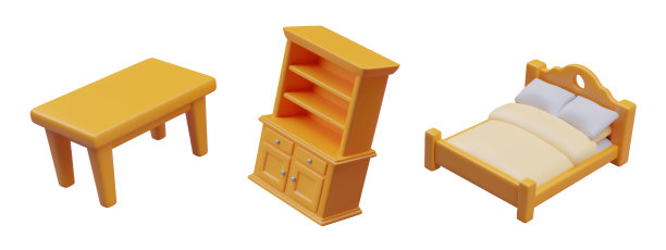 一套现实的木桌，衣柜，床与毯子和枕头图片下载