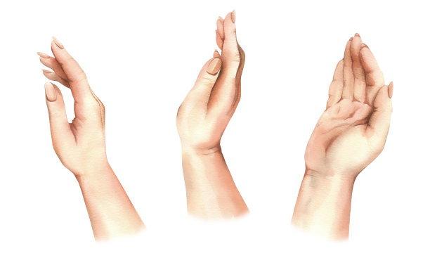 白人女性的整洁裸色美甲，手绘水彩插画图片下载