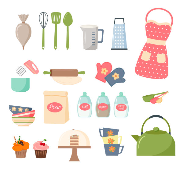 一套厨房用具。烤盘。茶壶和杯子，量杯和磨碎器，裱花袋。图片下载
