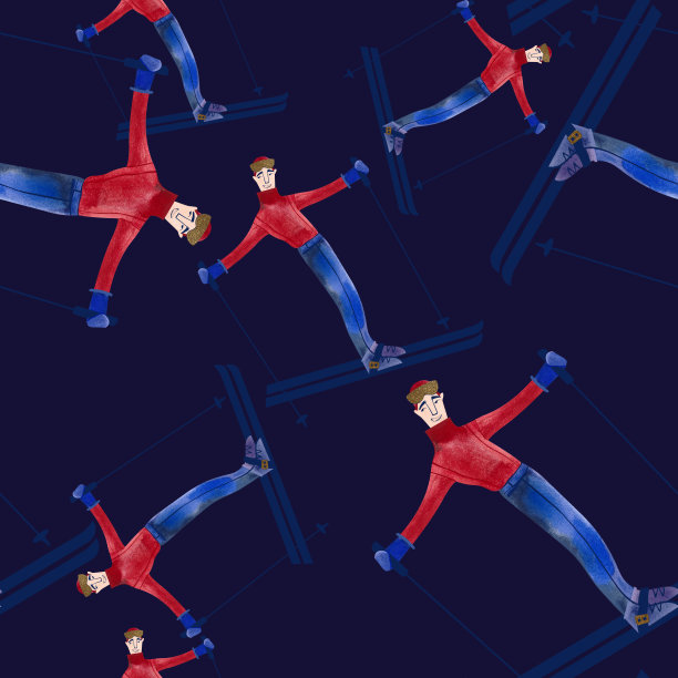 与滑雪者水彩无缝模式。冬天的纺织品。运动服装。滑雪胜地纪念品的包装纸。暗的背景图片下载