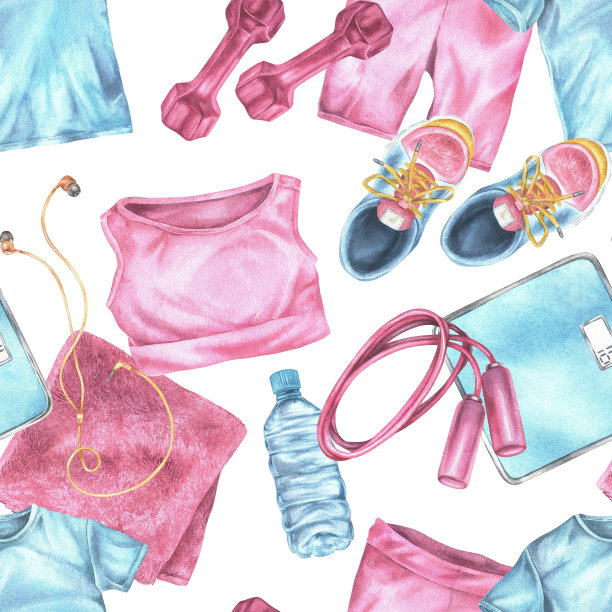 适合女性的无缝花纹。粉色运动服装和装备的水彩插图。在白色背景上手绘练习工具。画哑铃和跳绳图片下载