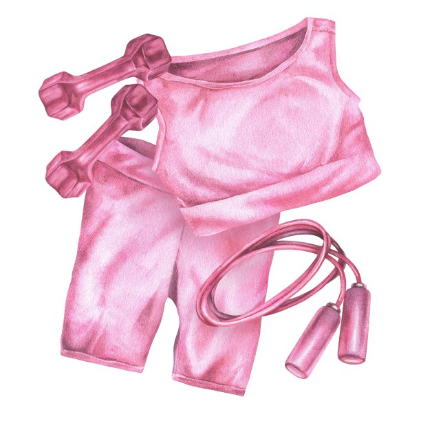 女性健身服装。粉色运动服的水彩插图。手绘剪贴画在白色孤立的背景。画哑铃和跳绳。健身器材组成图片下载