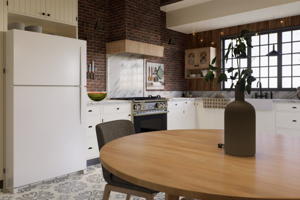 白色厨房，深红砖，木材，大窗户和厨房用具。l形厨房，带横梁和餐桌。三维渲染图片下载
