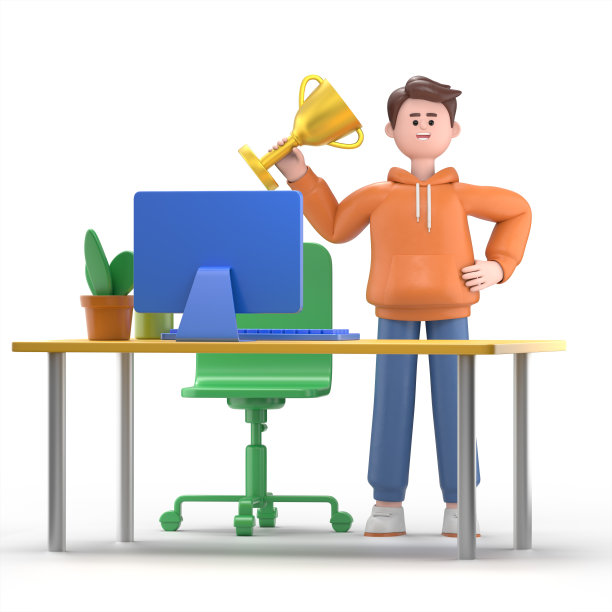 三维插图微笑的男子卡迪尔与奖杯，奖状站在桌子附近的办公室工作场所。办公室书桌电脑椅子，台灯仙人掌文件纸张。现代商务工作空间。图片下载