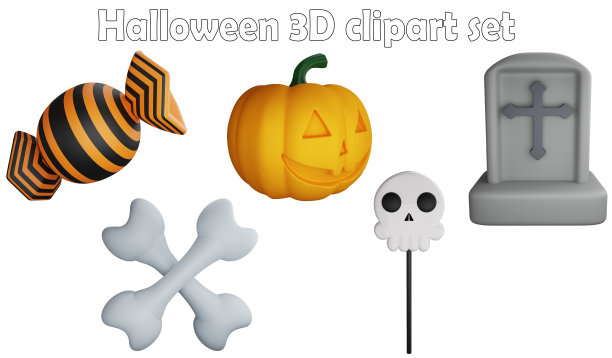万圣节剪贴画元素，3D渲染万圣节概念孤立的白色背景图标集No.10图片下载
