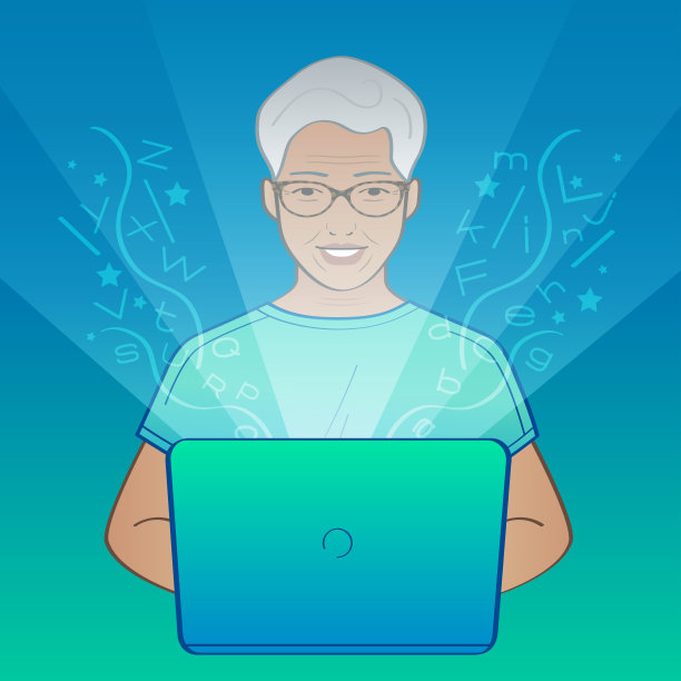 一个老人在电脑前工作，光和字母都出来了图片下载