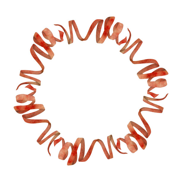 手绘水彩插画缝纫工艺刺绣用品。红色纺织缎带蛇形飘带漩涡。框架花环孤立在白色背景上。设计工作室，裁缝，爱好店，装饰图片下载