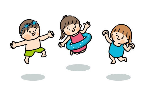 三个孩子穿着泳装蹦蹦跳跳图片下载