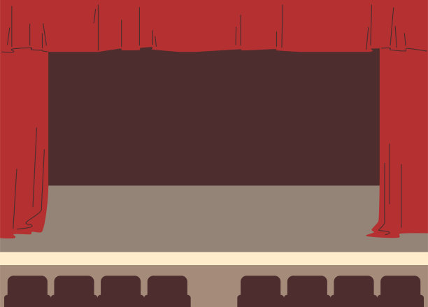 舞台表演的戏剧布景，矢量背景与红色天鹅绒窗帘，礼堂椅子图片下载