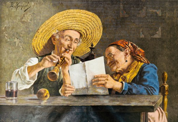 高年级夫妇在木桌上演奏家谱，他吹笛子，她把音符递给他，他戴着巨大的草帽，她戴着头巾，两人微笑着，真的很开心地投入到对方身上图片下载