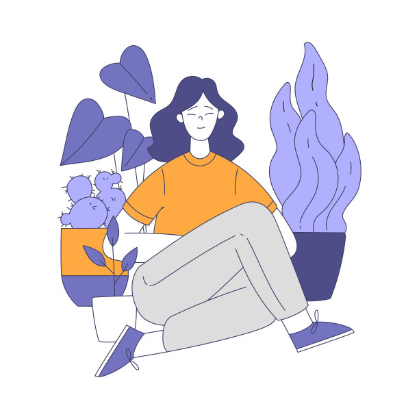 快乐的女人与生长中的植物一起休息矢量插画图片下载