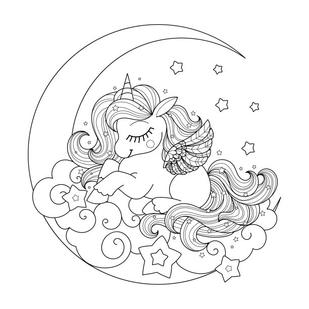 小独角兽在睡觉。黑白线性绘图。向量图片下载