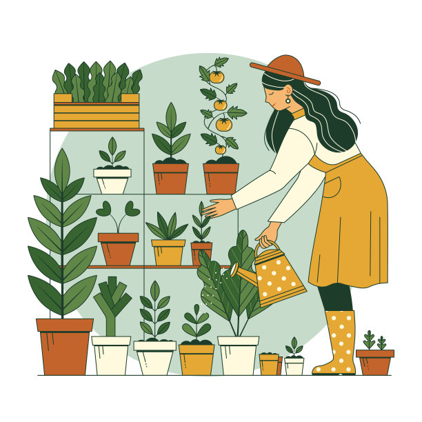 女园丁给盆栽浇水图片下载