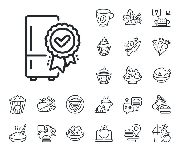 认证的冰箱线路图标。冰箱奖励标志。可丽饼、甜爆米花和沙拉。向量图片下载