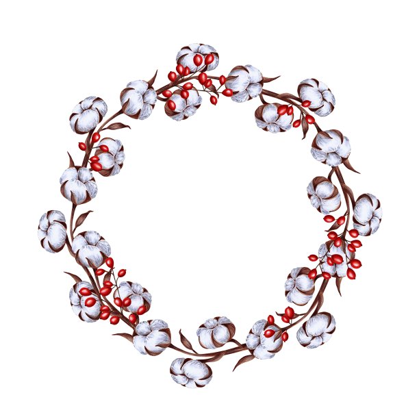 圆形花环从棉花花和红浆果，手绘标记插图在水彩技术图片下载
