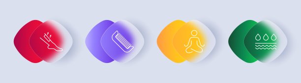 女性美容集图标。女腿、廓形、冥想、液体、肌肤、尺子、健康生活方式、自我护理、安心、美容、渐变。自我照顾的概念。Glassmorphism风格。图片下载