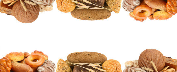 面包，法棍面包和开胃糕点孤立在白色。全景拼贴。宽的照片。文本的自由空间。图片下载