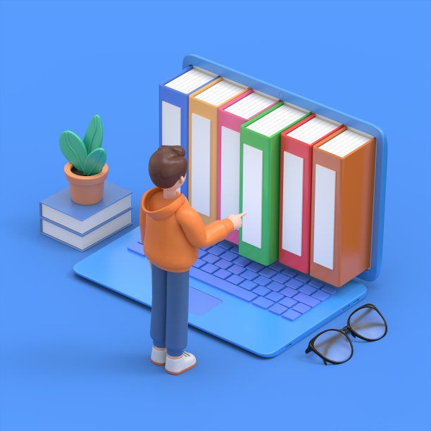 电子书的概念。男性卡迪尔站在笔记本电脑和电子书前的3D插图。等距三维插图。图片下载