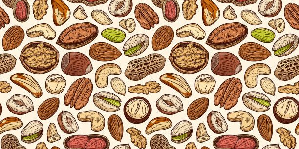 矢量不同类型的坚果彩色无缝图案图片下载