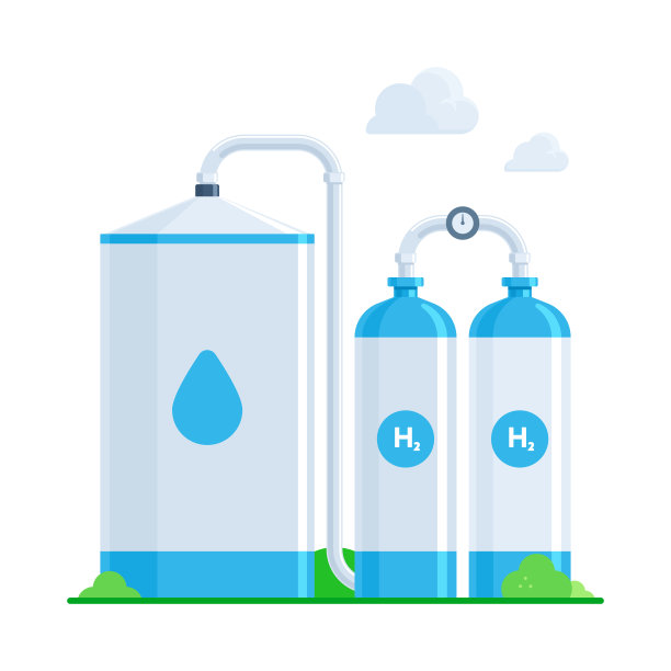 在白色背景上孤立的平面矢量插图风格的氢气生产和储存设施，代表可再生能源和氢燃料技术的概念图片下载