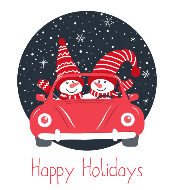 圣诞贺卡模板。可爱的雪人在一辆红色的汽车里图片下载
