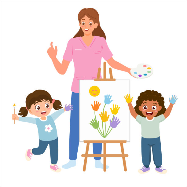 老师和孩子们在美术课上玩手指画。触摸或触觉感官游戏，手和手指的精细运动，有利于孩子在学校的书写技能。平面矢量插图。图片下载