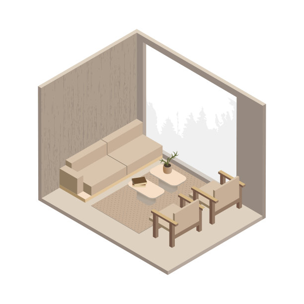 矢量等距低聚极简舒适的客厅与各种家具。现代矢量插图。图片下载