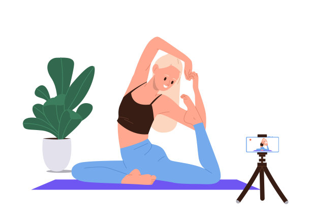 年轻女性瑜伽教练或普拉提教练卡通人物提供家庭在线培训图片下载