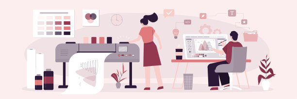 有创意的人或办公室职员用绘图仪。胶印机打印大尺寸图片，打印服务，复印中心。印刷的房子。图片下载