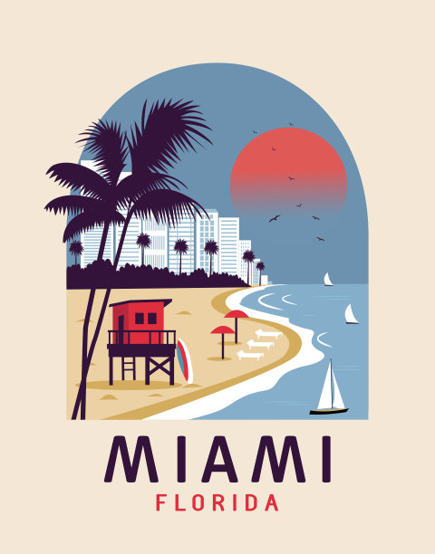 日落时迈阿密的旅游海报图片下载