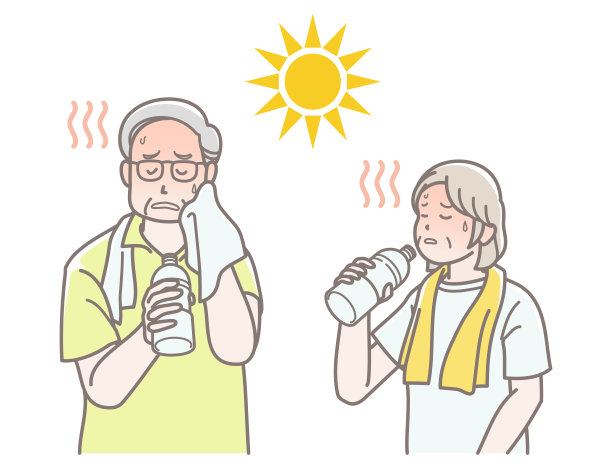 一对老年夫妇在中暑时补水的插图图片下载