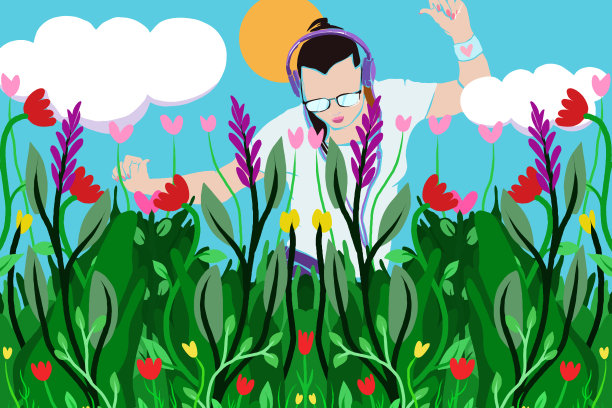 在鲜花盛开的草地上跳舞图片下载