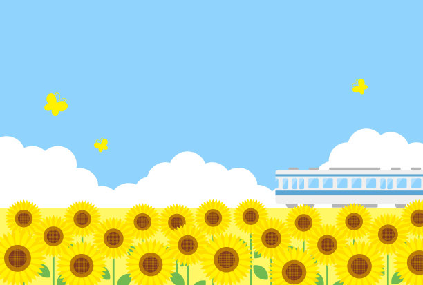 夏季矢量背景与火车和向日葵田在天空中的横幅，卡片，传单，社交媒体壁纸等。图片下载