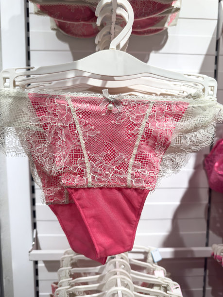 在时装店陈列室的衣架上系上粉色蕾丝胸罩。女性时尚性感内衣图片下载