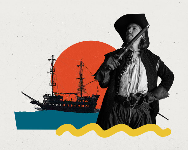 海报。海盗在单色与火枪背景与轮廓船，充满活力的几何形状，和波浪线。变形的效果。图片下载