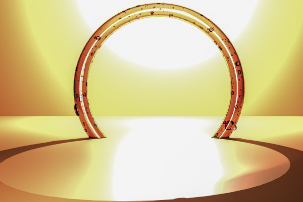 金拱门展柜。闪闪发光的金色拱形讲台。产品演示，展览和零售展示。将注意力吸引到特色项目上图片下载