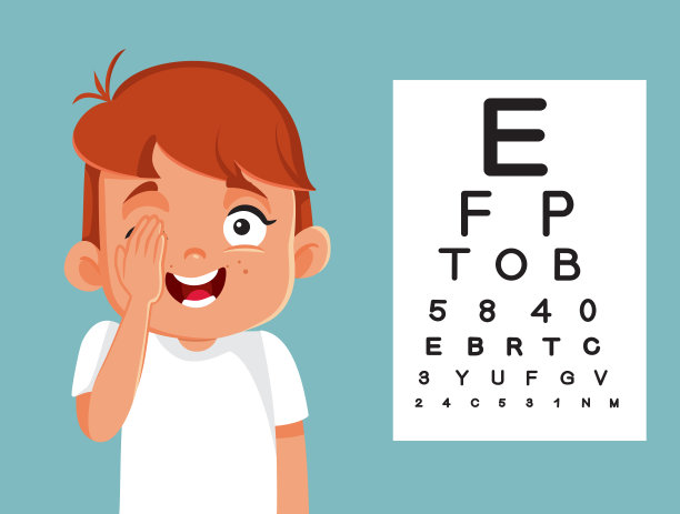 小男孩遮住一只眼睛进行视力测试矢量图图片下载