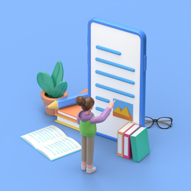 媒体图书图书馆概念。亚洲女孩Renae的3D插图用于网页横幅，信息图表，英雄形象。平面等距三维插图孤立的蓝色背景。图片下载