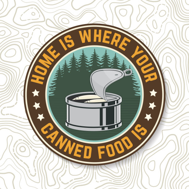 家就是你的罐头食品所在的地方。向量。概念衬衫或标志，印刷，邮票或t恤。复古排版设计与罐头鱼和森林轮廓图片下载