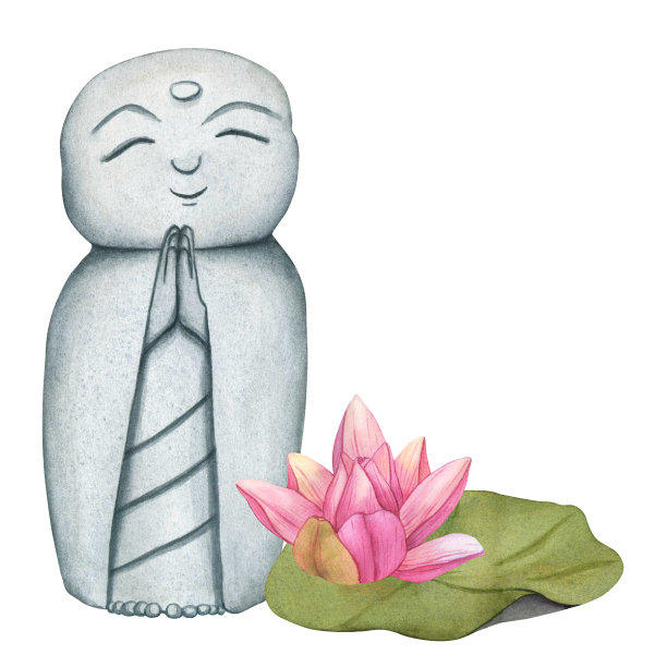 Jizo Bosatsu和尚和花蕾粉红色的莲花从日本花园。手绘水彩插图日本石佛和尚雕像。祈祷雕像和热带睡莲。微笑佛像图片下载