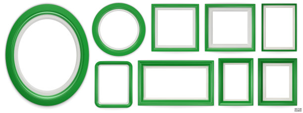集绿色现代框架孤立在白色背景。现实的矩形，圆形，椭圆形照片绿色框架的模型。经典边框设置绘画，和照片画廊。三维矢量插图。图片下载